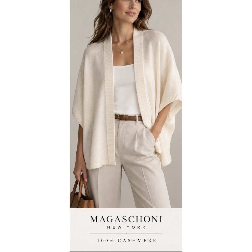 Magaschoni 100% Cashmere Cape Poncho Cardigan One Size Ivory Cream Quiet Luxury